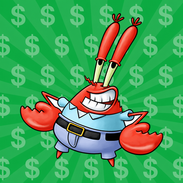 Mr. Krabs smiling against a green dollar-sign background